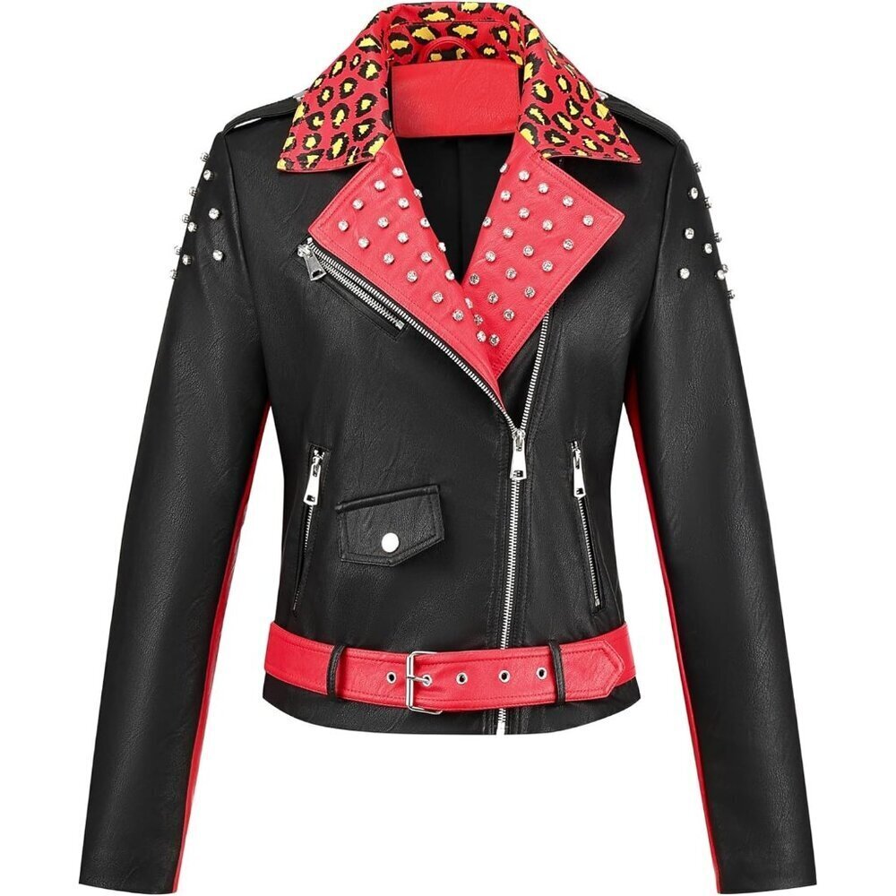 Women Faux Leather Motorcycle Jacket Red Black Stand Collar with Pockets Coat